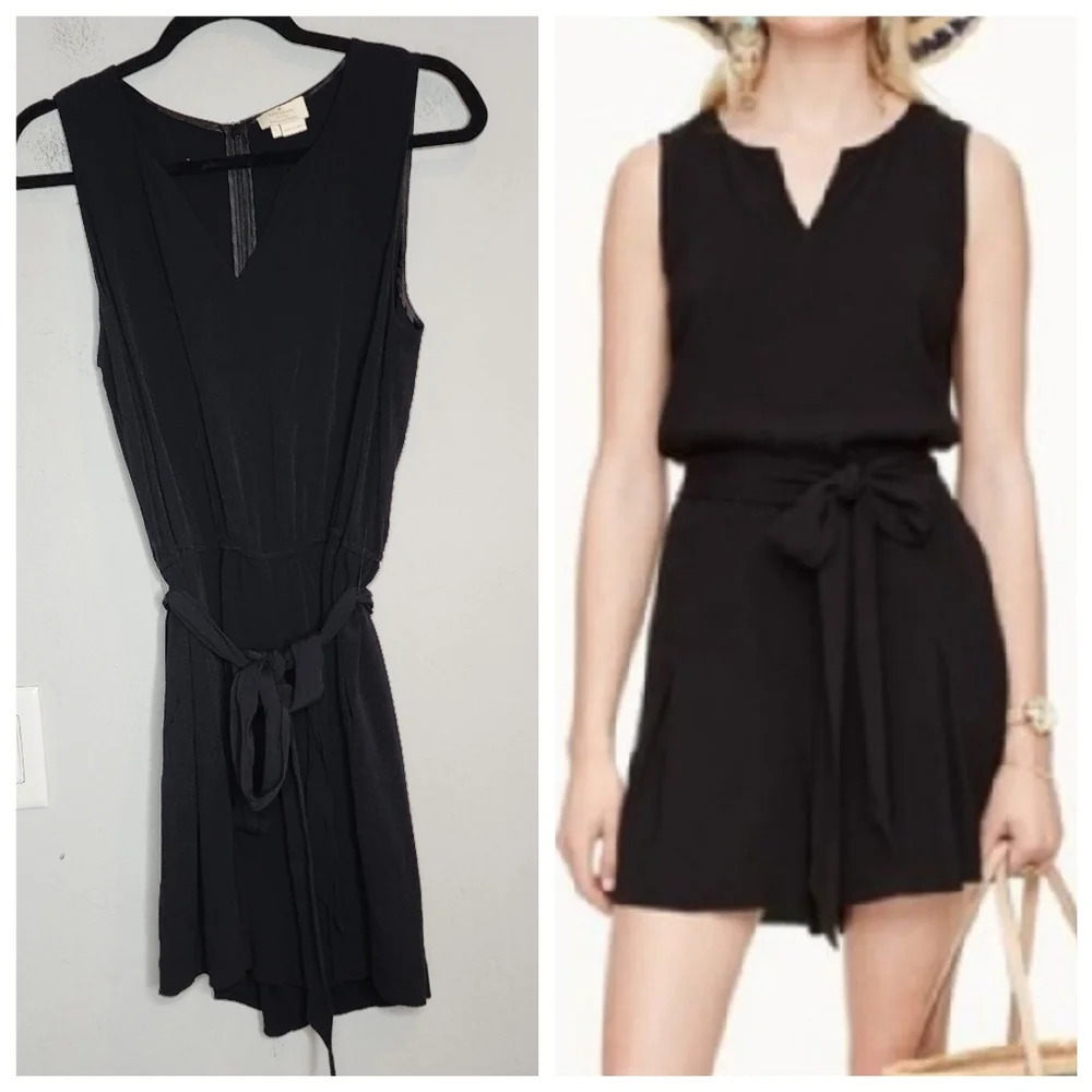 Kate Spade Black Crepe Sleeveless Romper Stretch Waist Pleated Belted Pockets L